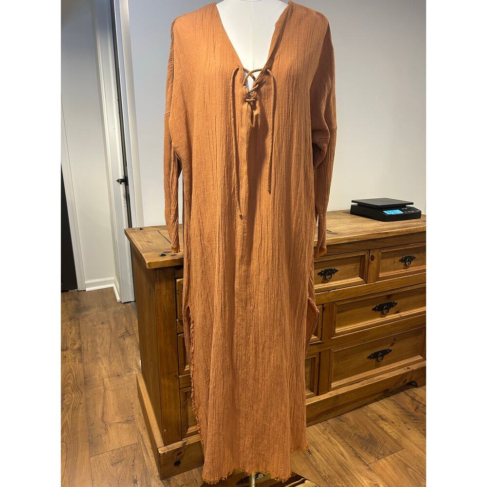 ZARA Sz S-M Womans Burnt Orange Kaftan Lagenlook Modest Tie Raw Hem Maxi Dress